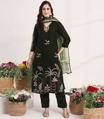 olive straight embroidery kurta and trouser with dupatta set