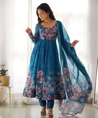 Blue Organza Floral Printed Anarkali Set 1