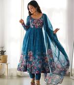 Blue Organza Floral Printed Anarkali Set