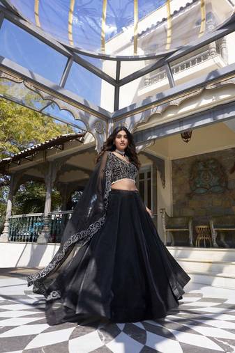 black Women's Star Satin With Plain Lehenga Choli