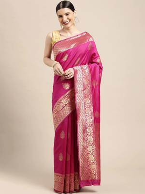 Hot pink silk blend jacquard woven golden zari ethnic motifs rich pallu banarasi style saree 1