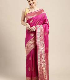 Hot pink silk blend jacquard woven golden zari ethnic motifs rich pallu banarasi style saree