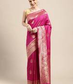 Hot pink silk blend jacquard woven golden zari ethnic motifs rich pallu banarasi style saree