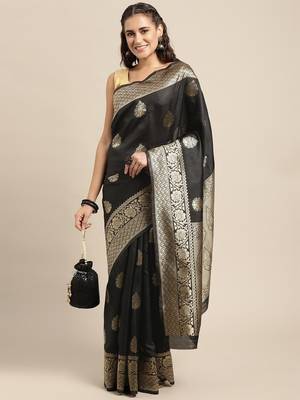 Black silk blend jacquard woven golden zari ethnic motifs rich pallu banarasi style saree 1