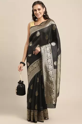 Black silk blend jacquard woven golden zari ethnic motifs rich pallu banarasi style saree