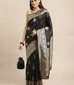 Black silk blend jacquard woven golden zari ethnic motifs rich pallu banarasi style saree