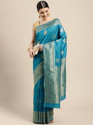 Teal silk blend jacquard woven golden zari ethnic motifs rich pallu banarasi style saree 1