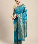 Teal silk blend jacquard woven golden zari ethnic motifs rich pallu banarasi style saree