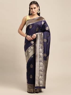 Navy blue silk blend jacquard woven golden zari ethnic motifs rich pallu banarasi style saree 1