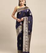 Navy blue silk blend jacquard woven golden zari ethnic motifs rich pallu banarasi style saree