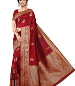 Maroon silk blend jacquard woven golden zari ethnic motifs rich pallu banarasi style saree