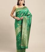 Dark green silk blend jacquard woven golden zari ethnic motifs rich pallu banarasi style saree