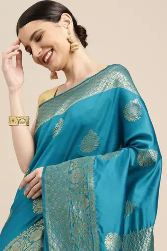 Teal silk blend jacquard woven golden zari ethnic motifs rich pallu banarasi style saree