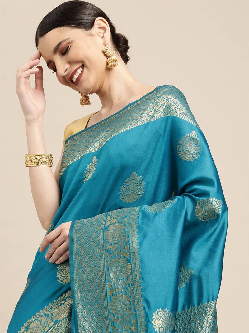 Teal silk blend jacquard woven golden zari ethnic motifs rich pallu banarasi style saree