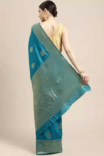 Teal silk blend jacquard woven golden zari ethnic motifs rich pallu banarasi style saree