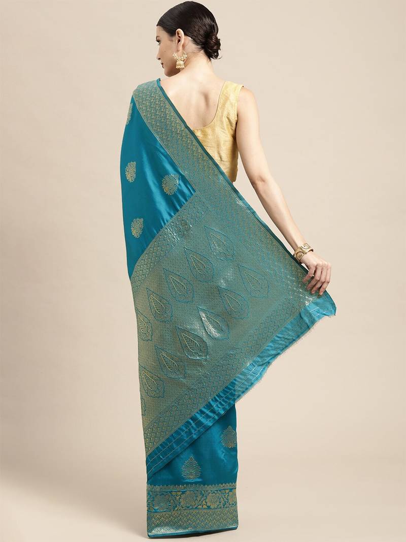 Teal silk blend jacquard woven golden zari ethnic motifs rich pallu banarasi style saree