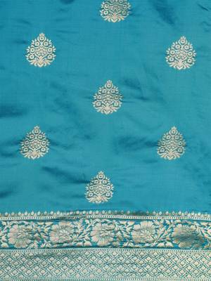 Teal silk blend jacquard woven golden zari ethnic motifs rich pallu banarasi style saree 4