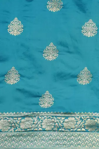 Teal silk blend jacquard woven golden zari ethnic motifs rich pallu banarasi style saree