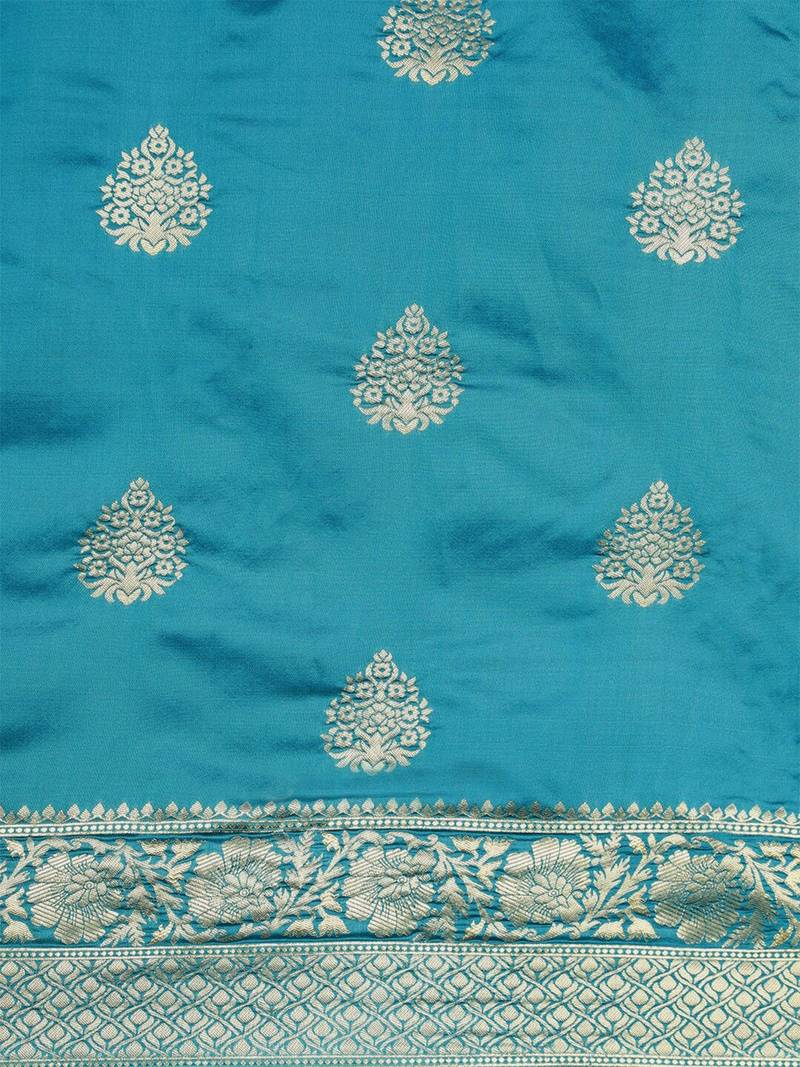 Teal silk blend jacquard woven golden zari ethnic motifs rich pallu banarasi style saree
