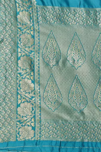 Teal silk blend jacquard woven golden zari ethnic motifs rich pallu banarasi style saree