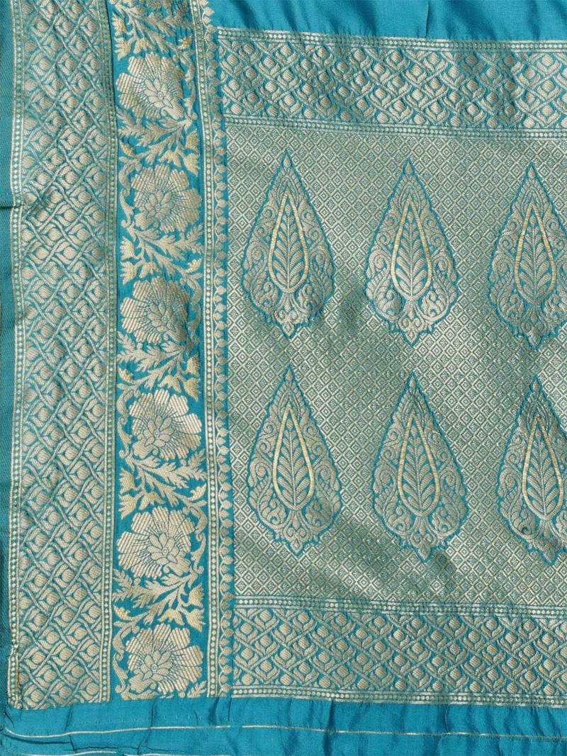 Teal silk blend jacquard woven golden zari ethnic motifs rich pallu banarasi style saree
