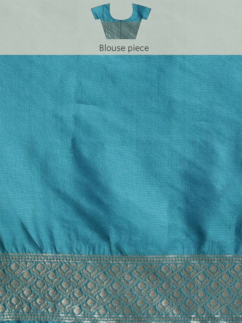 Teal silk blend jacquard woven golden zari ethnic motifs rich pallu banarasi style saree