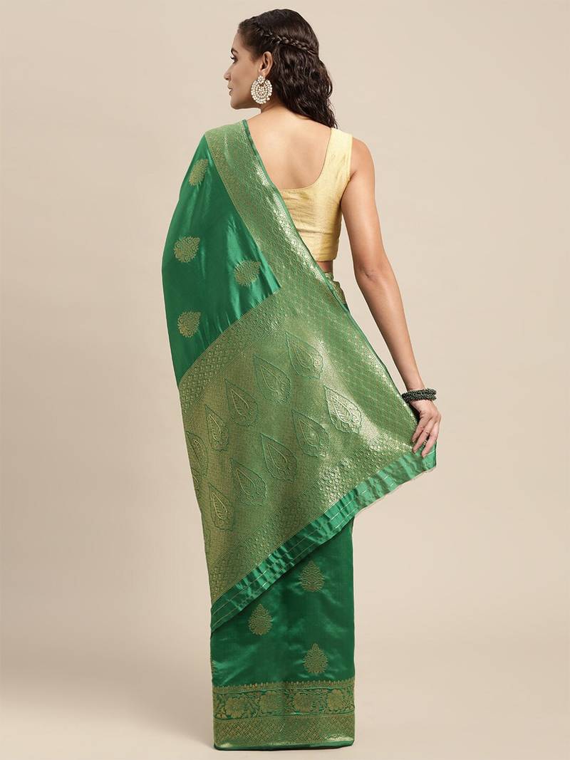 Dark green silk blend jacquard woven golden zari ethnic motifs rich pallu banarasi style saree