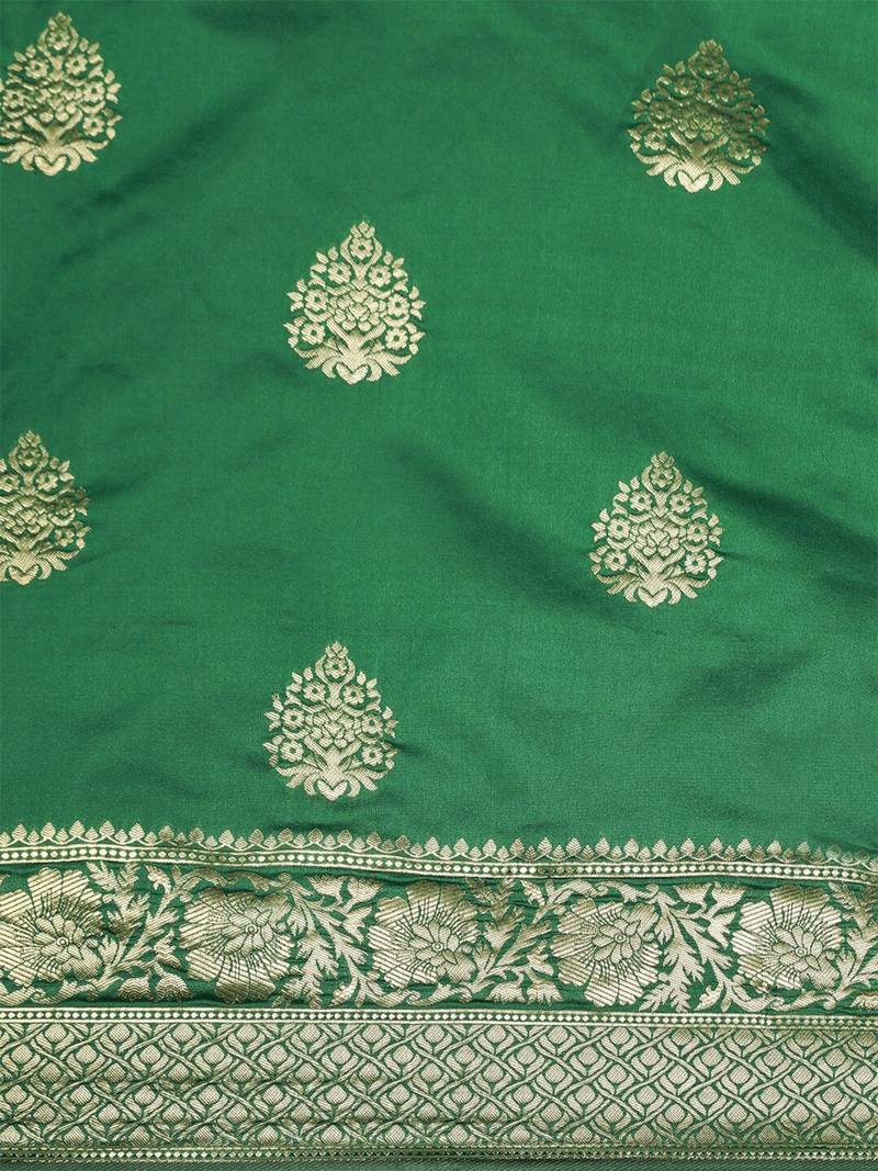 Dark green silk blend jacquard woven golden zari ethnic motifs rich pallu banarasi style saree
