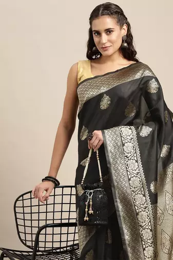 Black silk blend jacquard woven golden zari ethnic motifs rich pallu banarasi style saree