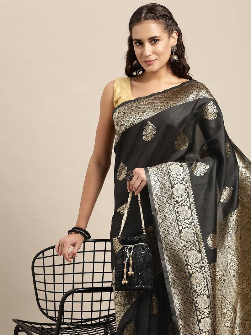 Black silk blend jacquard woven golden zari ethnic motifs rich pallu banarasi style saree