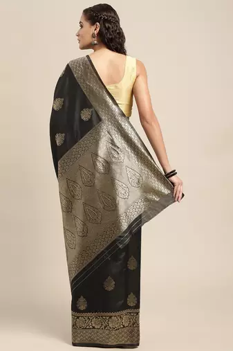 Black silk blend jacquard woven golden zari ethnic motifs rich pallu banarasi style saree
