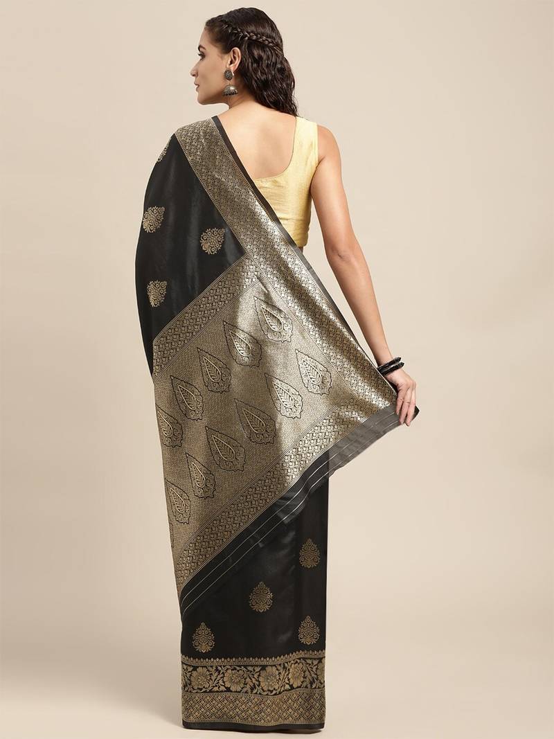 Black silk blend jacquard woven golden zari ethnic motifs rich pallu banarasi style saree