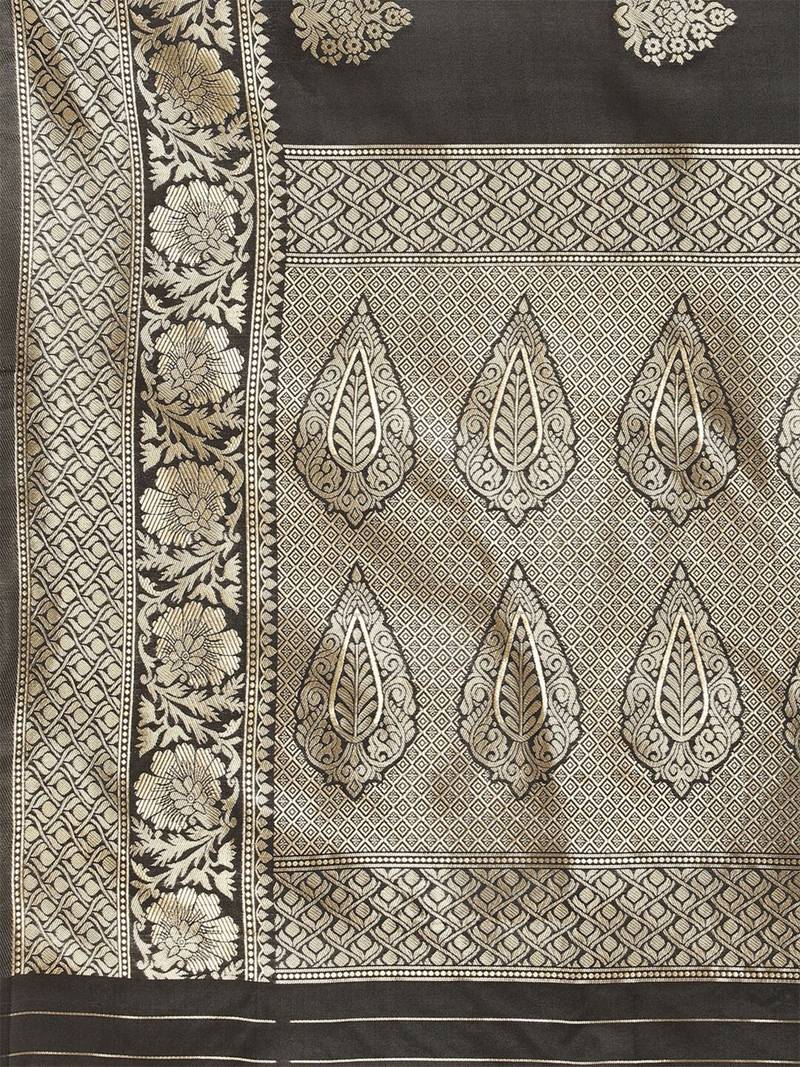 Black silk blend jacquard woven golden zari ethnic motifs rich pallu banarasi style saree