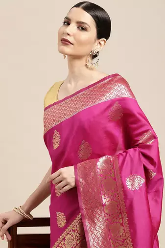 Hot pink silk blend jacquard woven golden zari ethnic motifs rich pallu banarasi style saree