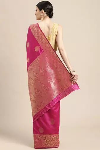 Hot pink silk blend jacquard woven golden zari ethnic motifs rich pallu banarasi style saree