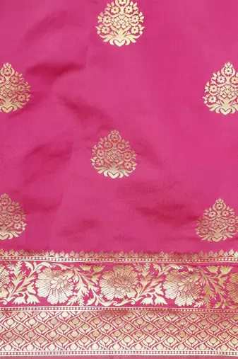 Hot pink silk blend jacquard woven golden zari ethnic motifs rich pallu banarasi style saree
