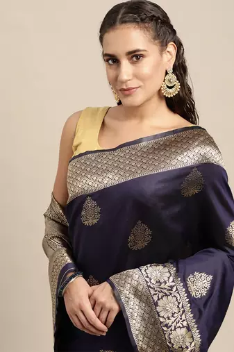 Navy blue silk blend jacquard woven golden zari ethnic motifs rich pallu banarasi style saree