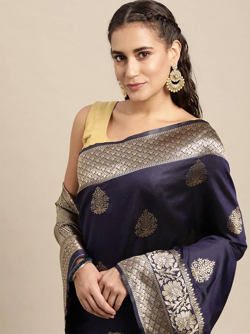 Navy blue silk blend jacquard woven golden zari ethnic motifs rich pallu banarasi style saree