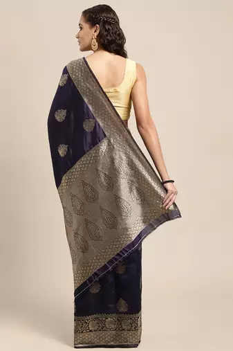 Navy blue silk blend jacquard woven golden zari ethnic motifs rich pallu banarasi style saree