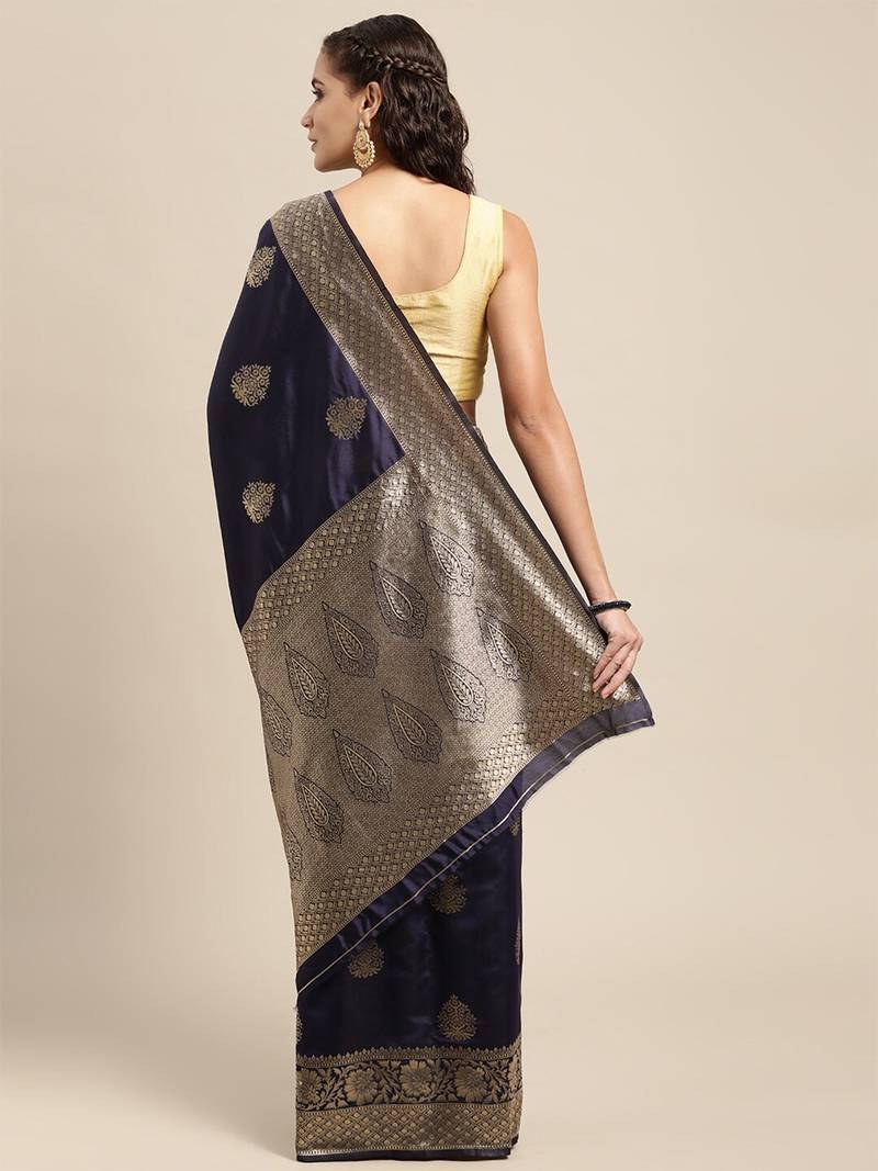 Navy blue silk blend jacquard woven golden zari ethnic motifs rich pallu banarasi style saree