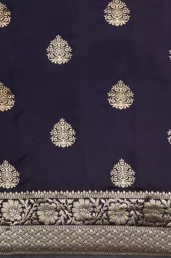 Navy blue silk blend jacquard woven golden zari ethnic motifs rich pallu banarasi style saree