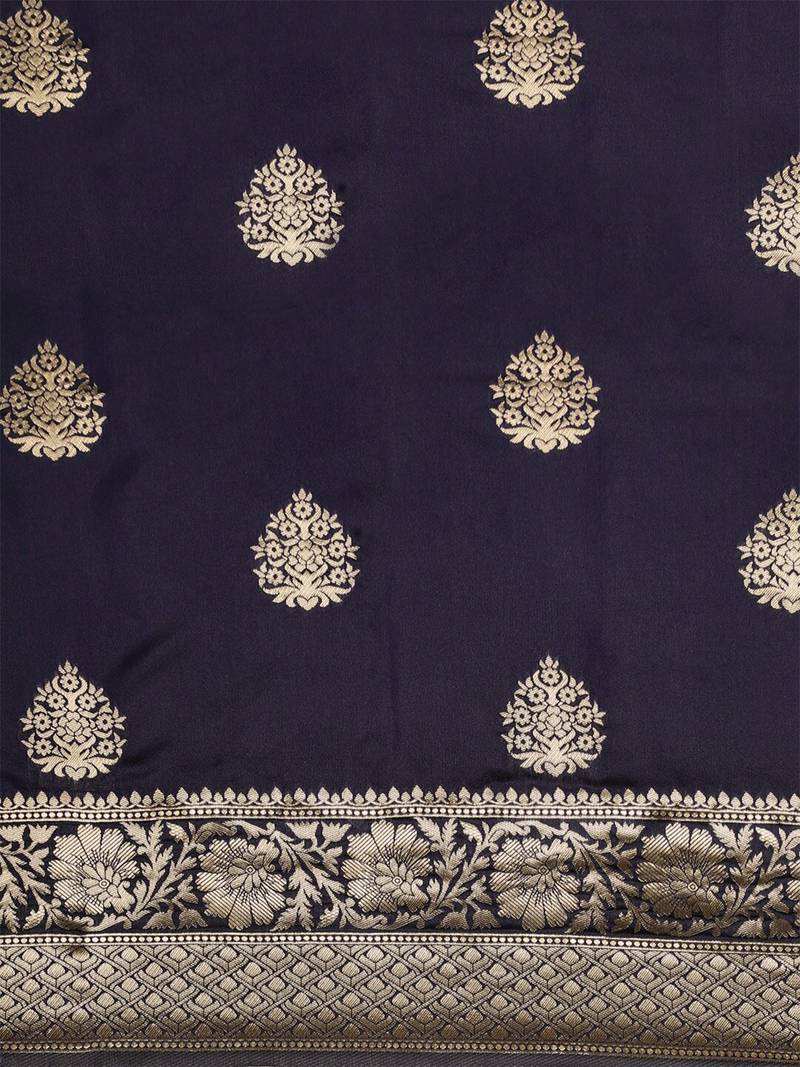 Navy blue silk blend jacquard woven golden zari ethnic motifs rich pallu banarasi style saree