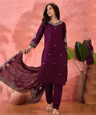 Embroidered notch neck sequined a-line kurta with trouser & dupatta 1