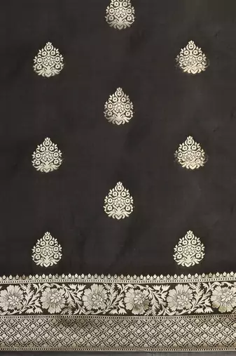 Black silk blend jacquard woven golden zari ethnic motifs rich pallu banarasi style saree