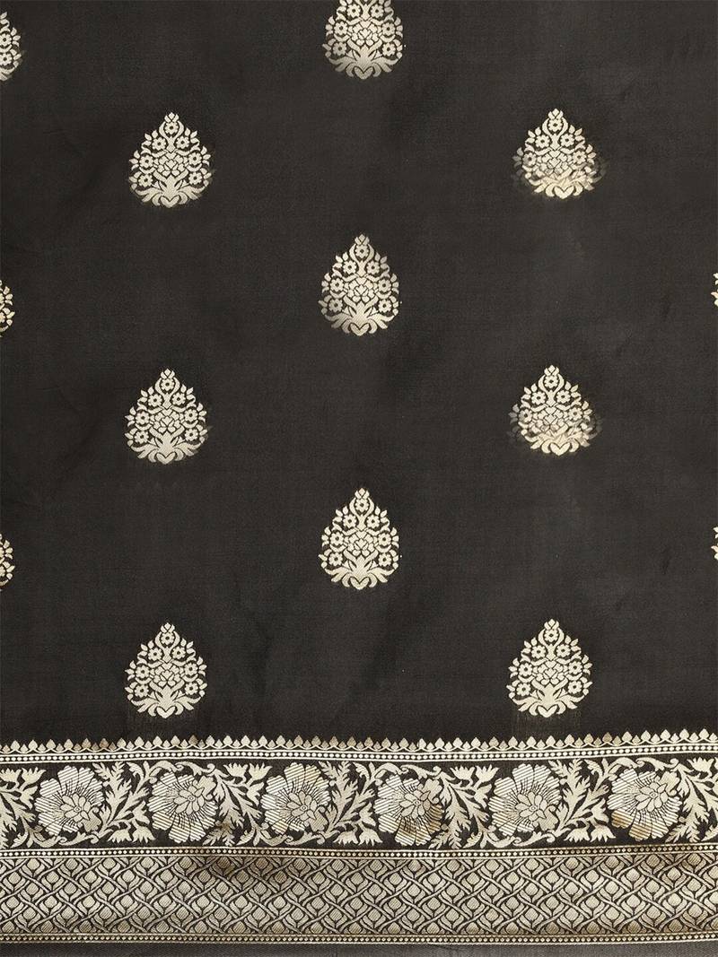 Black silk blend jacquard woven golden zari ethnic motifs rich pallu banarasi style saree