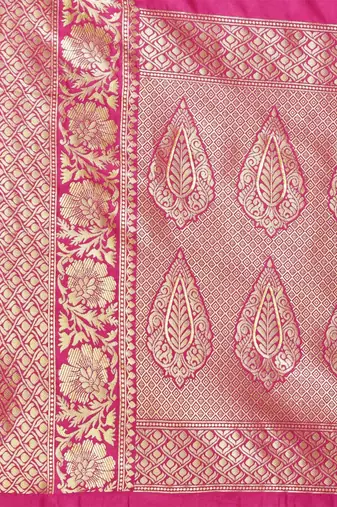 Hot pink silk blend jacquard woven golden zari ethnic motifs rich pallu banarasi style saree