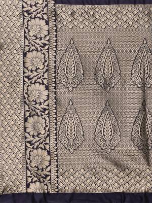 Navy blue silk blend jacquard woven golden zari ethnic motifs rich pallu banarasi style saree 5
