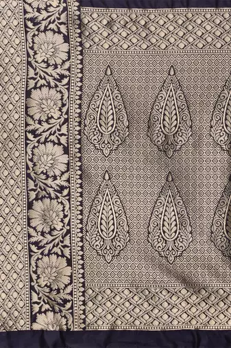 Navy blue silk blend jacquard woven golden zari ethnic motifs rich pallu banarasi style saree