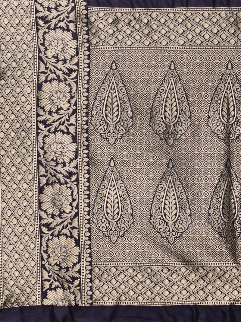 Navy blue silk blend jacquard woven golden zari ethnic motifs rich pallu banarasi style saree