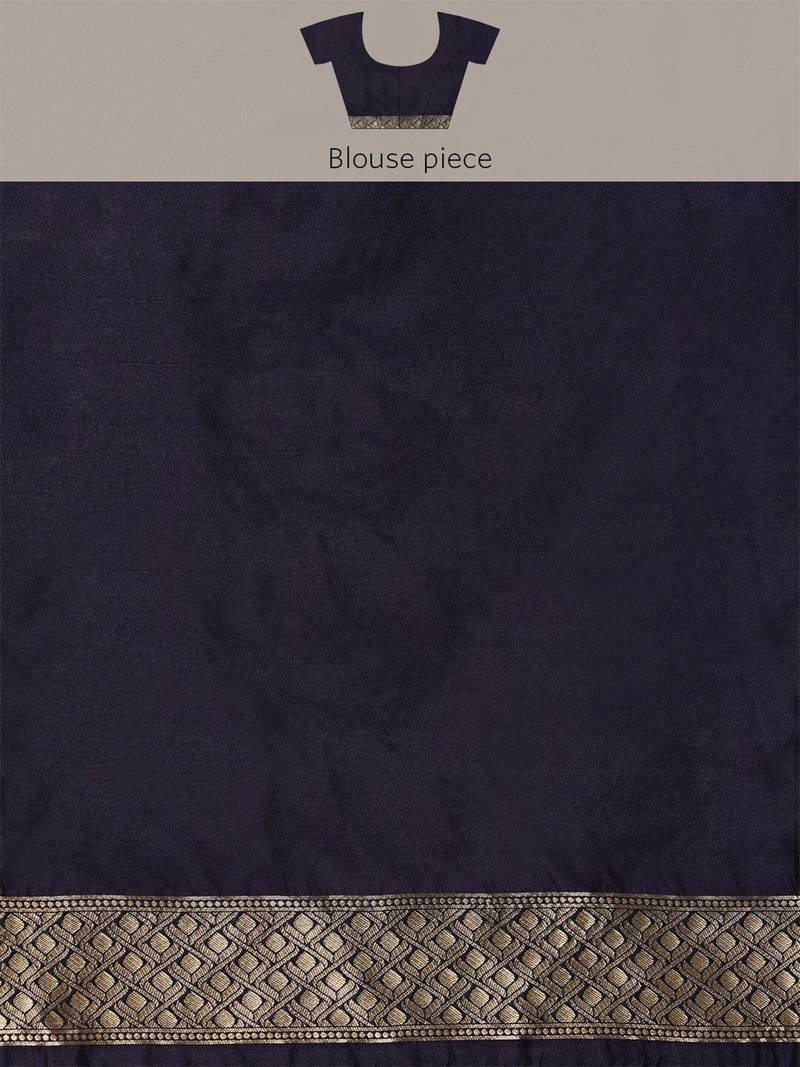 Navy blue silk blend jacquard woven golden zari ethnic motifs rich pallu banarasi style saree